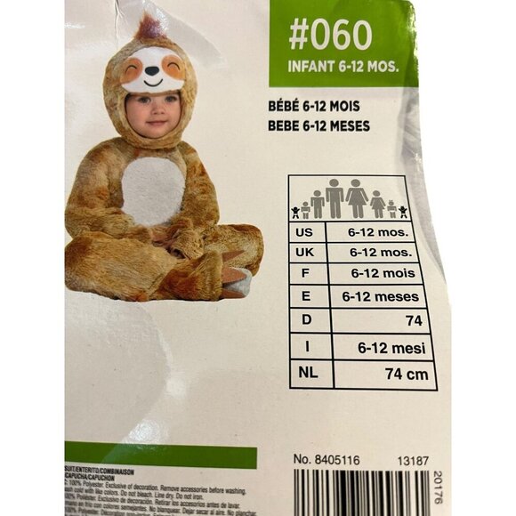 Infant Sloth Costume 6-12 Months Soft Plush Bodysuit & Hood 2-Piece Outfit - Picture 4 of 4